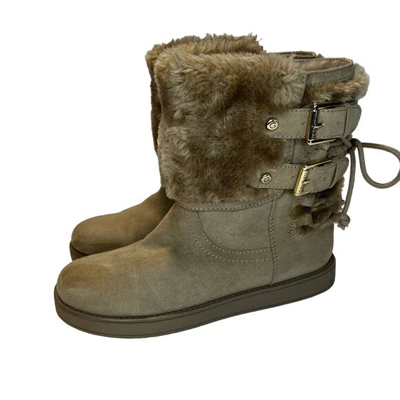 Guess, Tan Suede, Faux Fur Cuff Ankle Boots,6.5m Gold Buckle - Picture 2 of 10